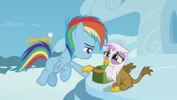 Size: 1920x1080 | Tagged: safe, derpibooru import, screencap, gilda, rainbow dash, gryphon, pegasus, pony, the lost treasure of griffonstone, chickub, cute, dashabetes, female, filly, filly rainbow dash, gildadorable, looking at each other, younger