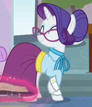 Size: 300x348 | Tagged: safe, derpibooru import, screencap, rarity, unicorn, school daze, alternate hairstyle, clothes, cropped, cummerbund, eyes closed, glasses, hair bun, happy, horn, magic, necktie, raised hoof, sash, schoolmarm rarity, shirt, skirt, smiling, solo, standing, telekinesis