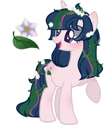 Size: 1024x1178 | Tagged: safe, artist:xxacandriah, derpibooru import, oc, oc:ivy spruce, unofficial characters only, unicorn, female, floral head wreath, flower, flower in hair, flower in tail, mare, offspring, parent:timber spruce, parent:twilight sparkle, parents:timbertwi, simple background, solo, transparent background