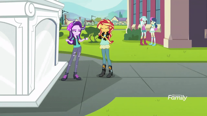 Size: 800x450 | Tagged: safe, derpibooru import, screencap, apple bloom, bon bon, lyra heartstrings, sandalwood, scootaloo, starlight glimmer, sunset shimmer, sweetie belle, sweetie drops, equestria girls, mirror magic, spoiler:eqg specials, all fours, animated, background human, boots, canterlot high, clothes, cute, cutie mark crusaders, discovery family logo, eyes closed, frown, funny, funny as hell, geode of empathy, gif, glimmerbetes, hair flip, hilarious, humans doing horse things, jeans, lidded eyes, majestic as fuck, open mouth, pants, shoes, silly human, skirt, smiling, smirk, wide eyes