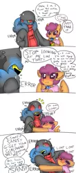 Size: 351x800 | Tagged: safe, artist:synnibear03, derpibooru import, scootaloo, oc, oc:ponytale scootaloo, anthro, comic:ponytale, blushing, crossover, crossover shipping, error sans, female, hape, hug, male, sans (undertale), scootasans, shipping, straight, undertale