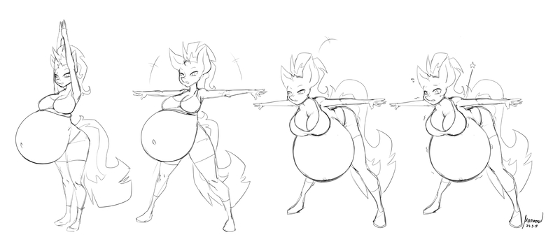 Size: 3000x1348 | Tagged: anthro, armpits, artist:marrazan, back pain, belly, big belly, breasts, busty tempest shadow, derpibooru import, female, hyper, hyper pregnancy, my little pony: the movie, plantigrade anthro, pregnant, sequence, sketch, solo, stretching, suggestive, tempest shadow, yoga