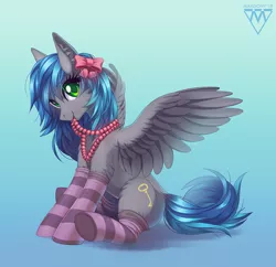 Size: 1138x1100 | Tagged: safe, artist:margony, derpibooru import, oc, oc:key turner, unofficial characters only, pegasus, pony, abstract background, beads, bow, clothes, colored pupils, crossdressing, eyelashes, gradient background, male, socks, solo, spread wings, stallion, striped socks, thigh highs, trap, wings