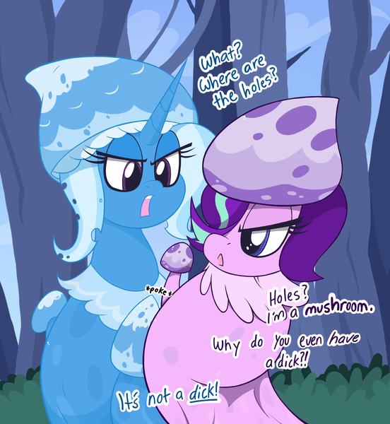 Size: 1901x2067 | Tagged: questionable, artist:dragonpone, derpibooru import, starlight glimmer, trixie, mushroom pony, original species, unicorn, :o, angry, annoyed, dialogue, female, glare, glumshroom, hair over one eye, looking at each other, looking back, mushroom, open mouth, phallic symbol, poking, shipping, shroomsie, species swap, startrix, tree, wat