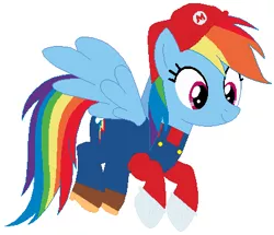 Size: 416x358 | Tagged: safe, artist:selenaede, artist:user15432, derpibooru import, rainbow dash, pegasus, pony, barely pony related, base used, cap, clothes, crossover, cute, gloves, hat, maridash, mario, mario's hat, my little pony, nintendo, overalls, red hat, shirt, shoes, super mario bros., super smash bros., undershirt