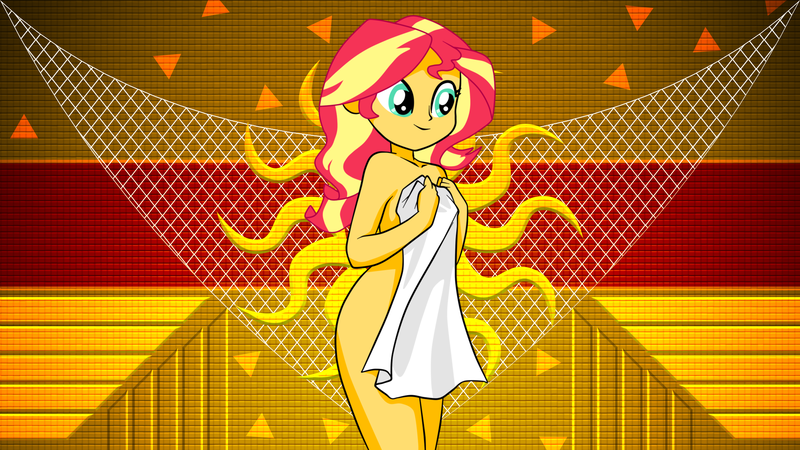 Size: 1920x1080 | Tagged: suggestive, artist:laszlvfx, artist:philelmago, derpibooru import, edit, sunset shimmer, equestria girls, covering, curvy, female, smiling, solo, solo female, towel, wallpaper, wallpaper edit, wallpaper for the fearless