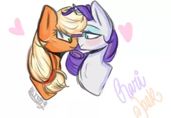 Size: 900x618 | Tagged: safe, artist:tehgamingcherryyt, derpibooru import, applejack, rarity, earth pony, pony, unicorn, boop, cowboy hat, female, hat, head, heart, lesbian, mare, mutual booping, noseboop, rarijack, shipping, simple background, white background