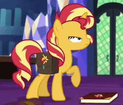 Size: 498x426 | Tagged: safe, derpibooru import, screencap, sunset shimmer, pony, unicorn, equestria girls, mirror magic, spoiler:eqg specials, animated, cropped, cute, excited, eyes on the prize, female, gif, grin, happy, journal, levitation, looking up, magic, mare, open mouth, raised hoof, raised leg, saddle bag, shimmerbetes, smiling, solo, squee, telekinesis, twilight's castle, wide eyes