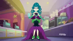 Size: 1920x1080 | Tagged: safe, derpibooru import, screencap, juniper montage, equestria girls, mirror magic, spoiler:eqg specials, discovery family logo, evil, female, final form, giantess, juniper monstar, macro, magic, mirror, power-up, solo, sparkles