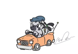 Size: 492x347 | Tagged: artist:jargon scott, car, derpibooru import, driving, female, hat, mare, oc, oc:carjack, safe, simple background, sitting, solo, unofficial characters only, white background, zebra, zebra oc