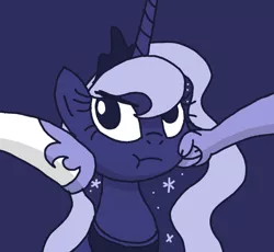 Size: 592x545 | Tagged: safe, artist:manulis, derpibooru import, discord, princess luna, pony, :t, blue background, bust, cheek squish, cute, female, filly, glare, implied princess celestia, looking at you, lunabetes, monochrome, portrait, puffy cheeks, simple background, solo focus, squishy cheeks, unamused, woona, younger