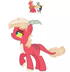 Size: 974x1001 | Tagged: safe, artist:royalswirls, derpibooru import, big macintosh, discord, oc, hybrid, base used, chest fluff, cloven hooves, discomac, draconequus hybrid, female, gay, interspecies offspring, magical gay spawn, male, offspring, parent:big macintosh, parent:discord, parents:discomac, shipping, simple background, tongue out, unshorn fetlocks, white background