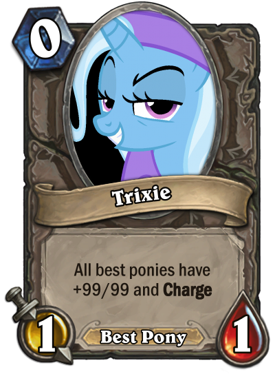 Size: 400x543 | Tagged: safe, artist:princesswaifu, derpibooru import, edit, trixie, unicorn, no second prances, best pony, cape, card, clothes, female, grin, hat, hearthstone, mare, no second glances, smiling, smirk, solo, teeth, trixie's cape, trixie's hat, warcraft