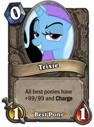 Size: 400x543 | Tagged: safe, artist:princesswaifu, derpibooru import, edit, trixie, unicorn, no second prances, best pony, cape, card, clothes, female, grin, hat, hearthstone, mare, no second glances, smiling, smirk, solo, teeth, trixie's cape, trixie's hat, warcraft