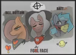 Size: 1383x1009 | Tagged: safe, artist:nignogs, derpibooru import, oc, oc:battz, oc:bell bottom, oc:foal face, bat pony, bandana, bandits, cutie mark, eye scar, scar