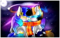 Size: 1024x657 | Tagged: artist:tehgamingcherryyt, boop, derpibooru import, female, noseboop, oc, oc:moonlight dusk, oc:star dust, safe, scarf cuddles, shipping, space, unofficial characters only