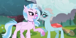 Size: 1280x640 | Tagged: artist:cascayd, blushing, changedling, changeling, classical hippogriff, derpibooru import, female, hippogriff, interspecies, lesbian, ocellus, ocellustream, one eye closed, safe, school daze, shipping, silverstream, wink