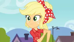 Size: 1280x720 | Tagged: safe, derpibooru import, screencap, applejack, equestria girls, equestria girls series, five to nine, clothes, country, country applejack, houses, jacket, mountain, sky, tree, working