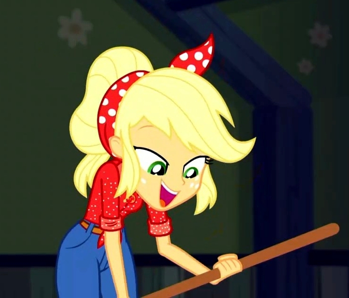 Size: 741x632 | Tagged: safe, derpibooru import, screencap, applejack, equestria girls, equestria girls series, five to nine, broom, cleaning, clothes, country, country applejack, jacket, jeans, pants, working