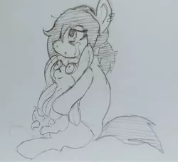 Size: 2569x2340 | Tagged: safe, artist:shpace, derpibooru import, oc, oc:floor bored, oc:raggie, unofficial characters only, earth pony, original species, pony, /mlp/, clothes, crying, ear clips, female, grayscale, hoodie, hug, mare, monochrome, neet, plushie, sad, simple background, sitting, traditional art