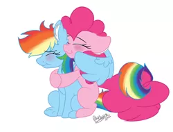 Size: 600x457 | Tagged: safe, artist:tehgamingcherryyt, derpibooru import, pinkie pie, rainbow dash, cuddling, female, hug, lesbian, pinkiedash, shipping, simple background, white background, winghug