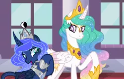 Size: 1024x655 | Tagged: safe, artist:ponycat-artist, derpibooru import, princess celestia, princess luna, alicorn, pony, alternate design, colored wings, crown, curved horn, female, gradient wings, jewelry, raised hoof, regalia, royal sisters, sisters, swirly markings