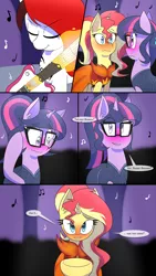 Size: 1080x1920 | Tagged: safe, artist:jase1505, deleted from derpibooru, derpibooru import, sci-twi, sunset shimmer, twilight sparkle, oc, pony, unicorn, comic:night at the gala, series:sunlight horizons, equestria girls, blushing, blushing profusely, clothes, comic, dress, eyes closed, female, gala dress, glasses, grand galloping gala, guitar, lesbian, magic, music notes, scitwishimmer, shipping, smiling, sunsetsparkle, unicorn sci-twi, wavy mouth