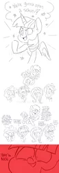 Size: 1280x3704 | Tagged: safe, artist:drawbauchery, derpibooru import, applejack, fluttershy, pinkie pie, rainbow dash, rarity, twilight sparkle, twilight sparkle (alicorn), alicorn, earth pony, pegasus, pony, unicorn, school daze, comic, dialogue, female, mane six, mare, monochrome, reality ensues, school schedule drama, vulgar