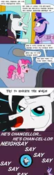 Size: 1000x3200 | Tagged: alicorn, artist:bjdazzle, chancellor neighsay, comic, confused, derpibooru import, maurice lamarche, pinkie pie, pinky and the brain, portal, safe, school daze, school of friendship, scrunchy face, season 8 homework assignment, twilight sparkle, twilight sparkle (alicorn), voice actor joke