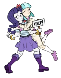 Size: 502x643 | Tagged: safe, artist:pedantczepialski, derpibooru import, coco pommel, rarity, equestria girls, alternate universe, belt, boots, clothes, equestria girls-ified, equestria girls: the parody series, eyes closed, female, happy, help, hug, looking at you, scared, shoes, sign, simple background, skirt, smiling, socks, transparent background