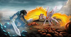 Size: 2304x1200 | Tagged: safe, artist:robsa990, derpibooru import, daybreaker, alicorn, anthro, plantigrade anthro, pony, werewolf, worgen, anthro with ponies, armor, crossover, death knight, dual wield, female, mare, sword, virtual reality, warcraft, weapon, world of warcraft