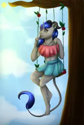 Size: 1003x1489 | Tagged: anthro, artist needed, clothes, cute, derpibooru import, dracony, dragon, female, happy, hybrid, oc, oc:martin bluefire, pleated skirt, relaxed, relaxing, rule 63, short skirt, skimpy outfit, skirt, smiling, solo, solo female, suggestive, swing, swinging, tree branch