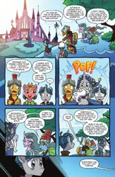 Size: 795x1222 | Tagged: safe, artist:tonyfleecs, derpibooru import, idw, flash magnus, meadowbrook, mistmane, rockhoof, somnambula, star swirl the bearded, stygian, earth pony, pegasus, pony, unicorn, legends of magic, spoiler:comic, spoiler:comiclom12, castle, castle of the royal pony sisters, curved horn, female, male, mare, official comic, pillars of equestria, preview, speech bubble, stallion, teleportation