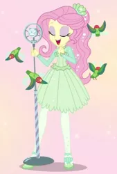 Size: 666x986 | Tagged: safe, derpibooru import, fluttershy, bird, equestria girls, equestria girls series, so much more to me, clothes, cute, dress, lovebird, shyabetes