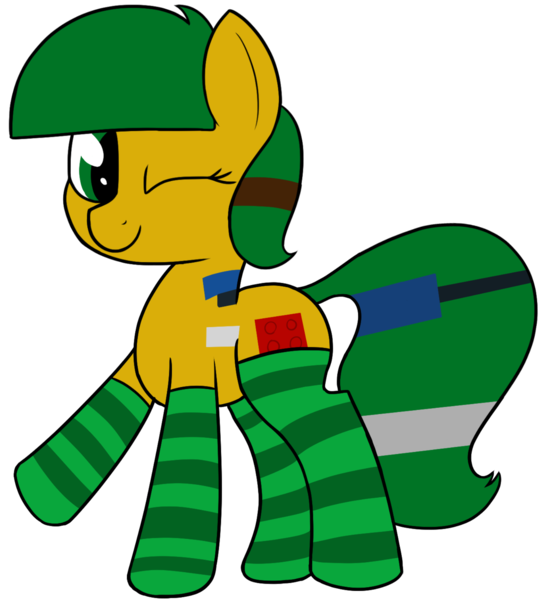 Size: 1562x1730 | Tagged: safe, artist:axlearts, derpibooru import, oc, oc:blocky bits, unofficial characters only, earth pony, pony, clothes, cute, female, one eye closed, simple background, socks, solo, striped socks, transparent background, wink