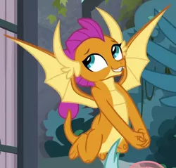 Size: 512x490 | Tagged: cropped, cute, derpibooru import, dragon, flying, gallus, grin, ocellus, offscreen character, out of context, safe, school daze, screencap, smiling, smolder, smolderbetes, solo focus, spread wings, wings