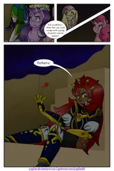 Size: 1200x1800 | Tagged: safe, artist:yogfan, derpibooru import, fluttershy, pinkie pie, starlight glimmer, pony, comic:but i do now, comic, crossover, element of loyalty, elements of harmony, ganondorf, link, princess zelda, the legend of zelda