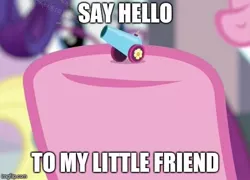 Size: 523x376 | Tagged: safe, derpibooru import, edit, edited screencap, screencap, applejack, pinkie pie, rarity, pony, school daze, cropped, hooves, image macro, meme, miniaturized, party cannon, say hello to my little friend, scarface, solo, the world's smallest party cannon, watermark