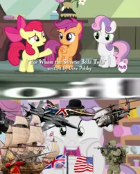 Size: 852x1052 | Tagged: 18th century, apple bloom, british, cutie mark crusaders, derpibooru import, edit, edited screencap, flag, flintlock, for whom the sweetie belle toils, meme, oil, oil for the queen, safe, scootaloo, screencap, ship, sweetie belle, usa invade for oil, wat