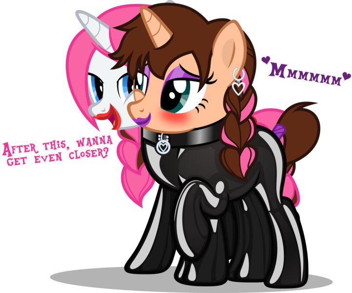 Size: 3609x3000 | Tagged: suggestive, artist:applec1234, deleted from derpibooru, derpibooru import, oc, oc:chloe adore, oc:vocal love, unicorn, bondage, bound together, braid, braided tail, choker, clothes, conjoined, conjoined suit, costume, ear piercing, earring, eyeshadow, female, jewelry, latex, latex suit, lesbian, lipstick, makeup, mascara, oc x oc, piercing, rubber, rubber suit, shared clothing, shiny, shipping, simple background, stuck together, transparent background, twin braid