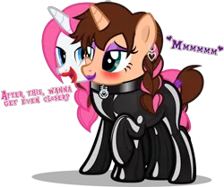 Size: 3609x3000 | Tagged: suggestive, artist:applec1234, deleted from derpibooru, derpibooru import, oc, oc:chloe adore, oc:vocal love, unicorn, bondage, bound together, braid, braided tail, choker, clothes, conjoined, conjoined suit, costume, ear piercing, earring, eyeshadow, female, jewelry, latex, latex suit, lesbian, lipstick, makeup, mascara, oc x oc, piercing, rubber, rubber suit, shared clothing, shiny, shipping, simple background, stuck together, transparent background, twin braid