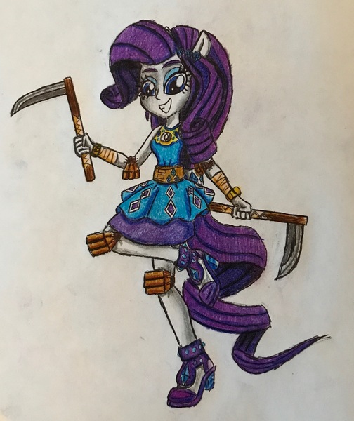 Size: 2385x2837 | Tagged: safe, artist:bozzerkazooers, derpibooru import, rarity, equestria girls, clothes, female, high heels, kama, looking at you, ponied up, raised leg, shoes, simple background, skirt, solo, traditional art, weapon, white background