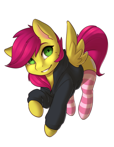 Size: 1800x2316 | Tagged: safe, artist:captainpudgemuffin, derpibooru import, oc, oc:sweet words, unofficial characters only, pegasus, pony, clothes, commission, hoodie, looking at you, not scootaloo, simple background, smiling, socks, solo, striped socks, white background