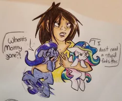 Size: 2047x1707 | Tagged: safe, artist:smirk, derpibooru import, princess celestia, princess luna, oc, human, pony, babysitting, cewestia, colored pencil drawing, cranky, crying, exhausted, female, filly, filly celestia, filly luna, foalsitter, holding a pony, pen, pouting, traditional art, woona, younger