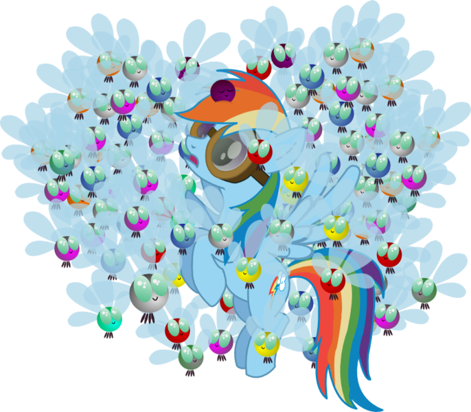 Size: 756x661 | Tagged: safe, artist:herrmyrddin, derpibooru import, rainbow dash, parasprite, pegasus, pony, swarm of the century, goggles, simple background, swarm, transparent background, vector