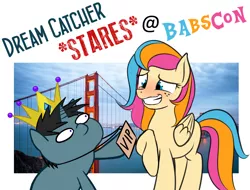 Size: 1614x1228 | Tagged: artist:pshyzomancer, babscon, babscon mascots, derpibooru import, egophiliac-ish, oc, oc:dream catcher, oc:golden gates, safe, style emulation, unofficial characters only, woonoggles