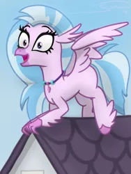 Size: 750x1000 | Tagged: artist:soctavia, classical hippogriff, derpibooru import, diastreamies, excited, female, happy, hippogriff, house, jewelry, necklace, roof, safe, school daze, silverstream, solo