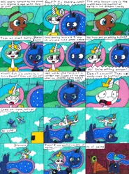 Size: 3244x4395 | Tagged: age regression, alicorn, artist:eternaljonathan, bridge, canterlot, comic, derpibooru import, dragon lands, flying, garden, hazmat suit, ink, mr. greenhooves, plot, princess celestia, princess luna, royal sisters, safe, traditional art