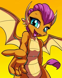 Size: 2110x2644 | Tagged: safe, artist:gsphere, derpibooru import, smolder, dragon, school daze, cute, dragoness, female, gradient background, looking at you, open mouth, simple background, smiling, smolderbetes, solo, tongue out