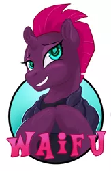 Size: 825x1265 | Tagged: safe, artist:hobbes-maxwell, derpibooru import, tempest shadow, pony, unicorn, my little pony: the movie, broken horn, female, heart eyes, mare, smiling, solo, waifu, waifu badge, wingding eyes